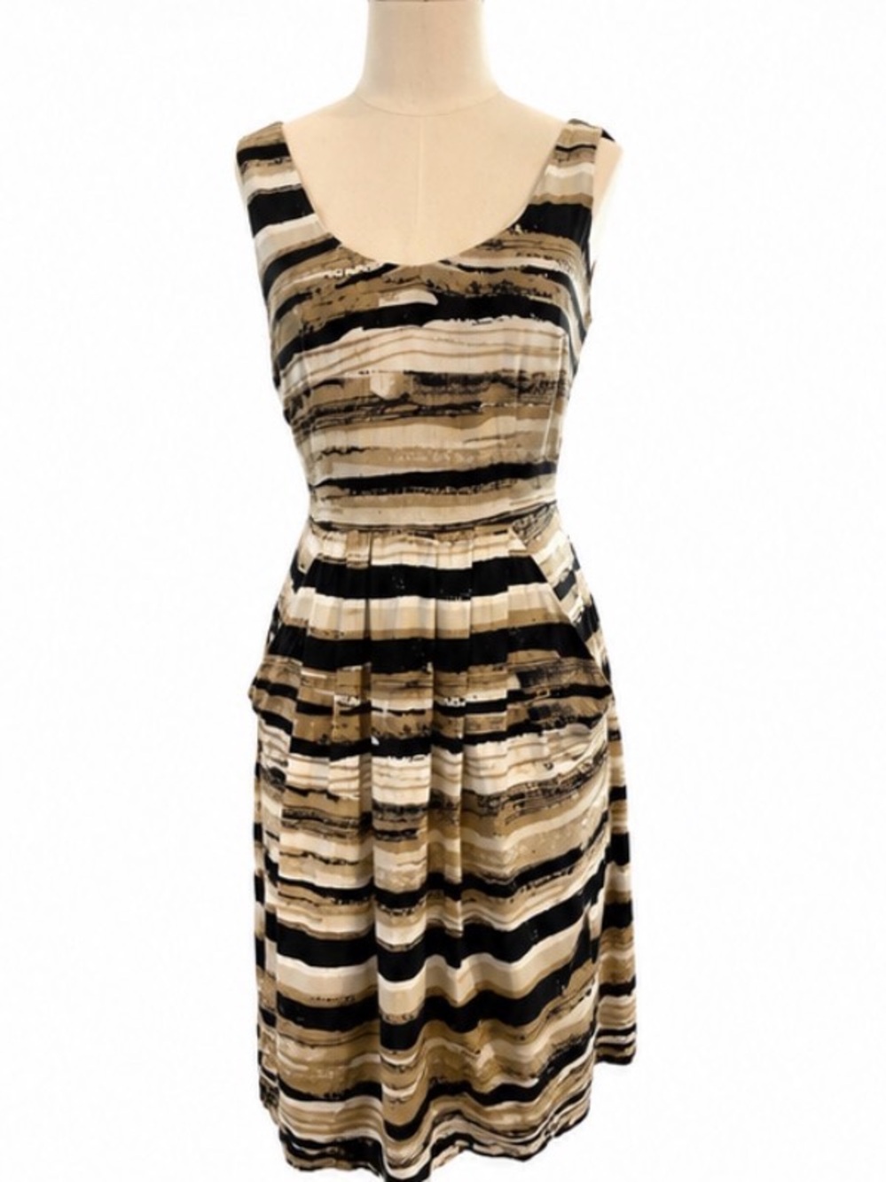 DKNYC Sleeveless Midi Dress in Black, White & Tan Stripes